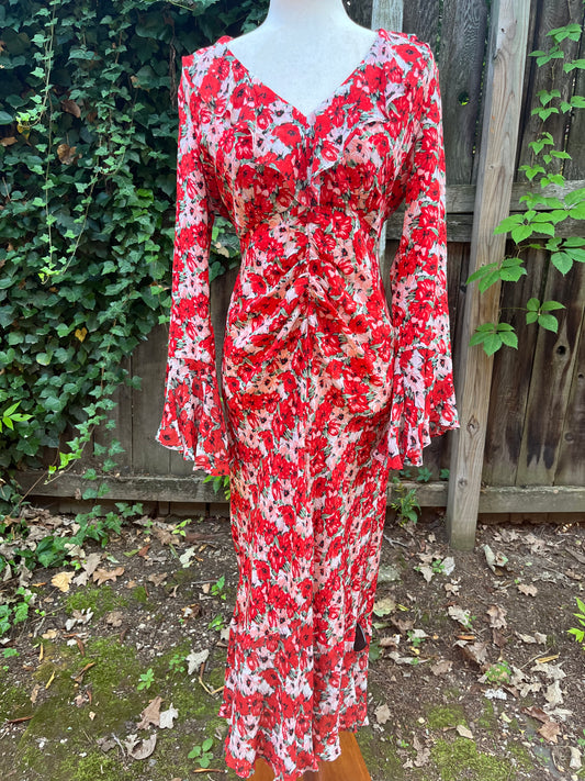 Rixo Red Floral Print Ruffle Maxi Dress Sz Medium