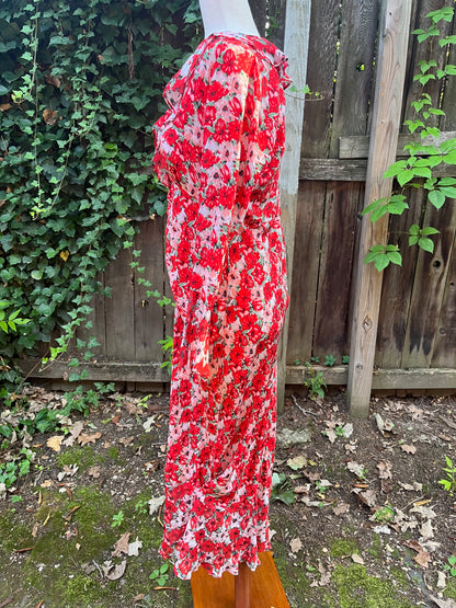 Rixo Red Floral Print Ruffle Maxi Dress Sz Medium