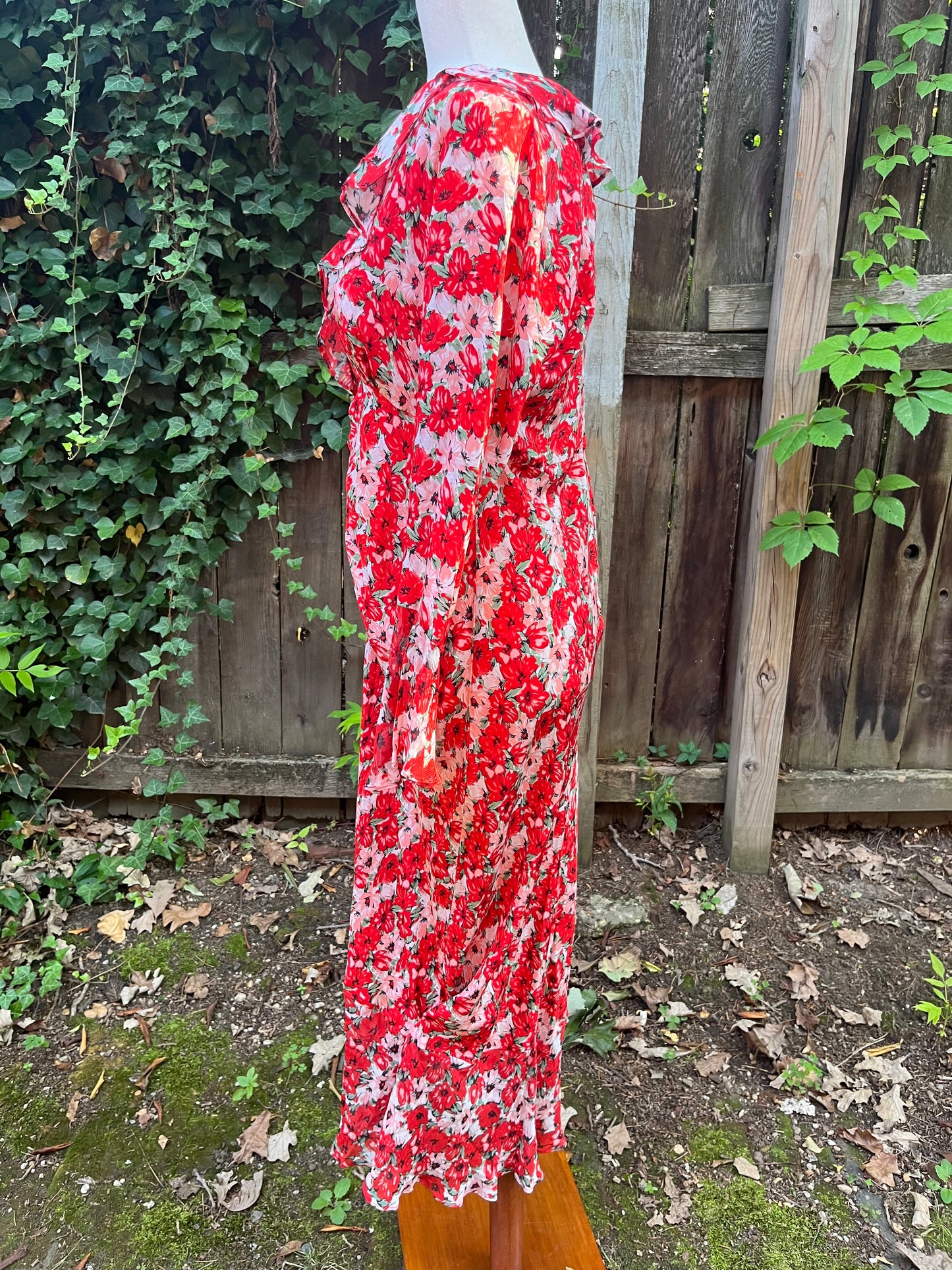 Rixo Red Floral Print Ruffle Maxi Dress Sz Medium