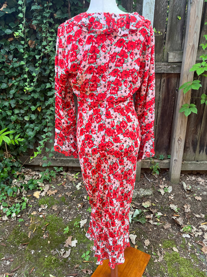 Rixo Red Floral Print Ruffle Maxi Dress Sz Medium