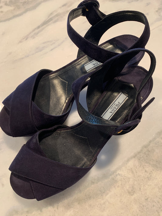 Prada Platform Blue Suede Sandals Sz 39