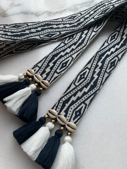 Women's Figue Blue, White Cotton Woven Belt Tassels Shells
