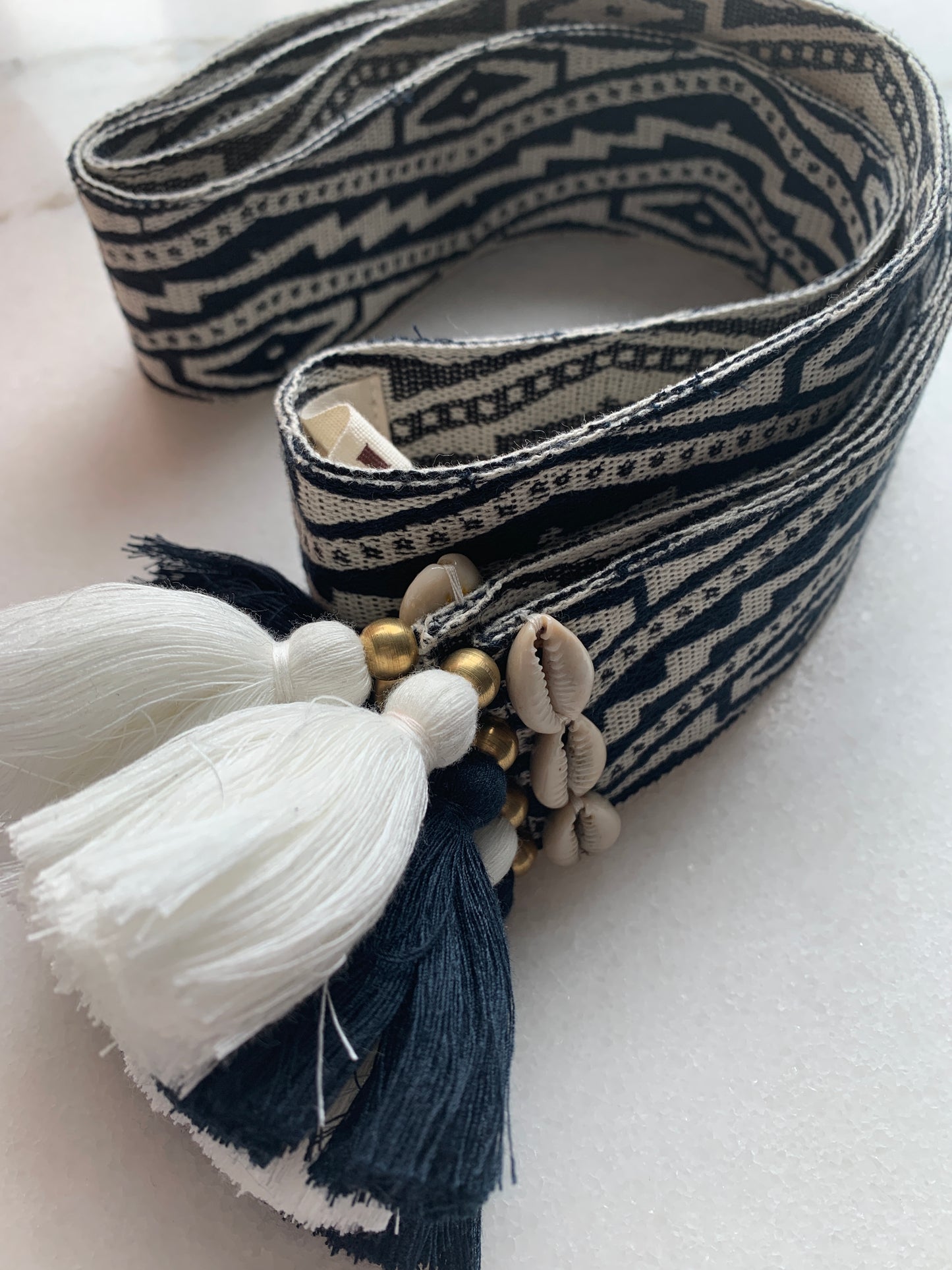 Women's Figue Blue, White Cotton Woven Belt Tassels Shells