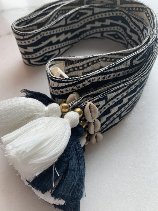 Women's Figue Blue, White Cotton Woven Belt Tassels Shells