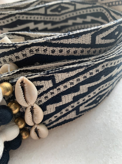 Women's Figue Blue, White Cotton Woven Belt Tassels Shells