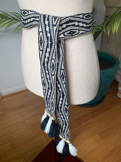 Women's Figue Blue, White Cotton Woven Belt Tassels Shells