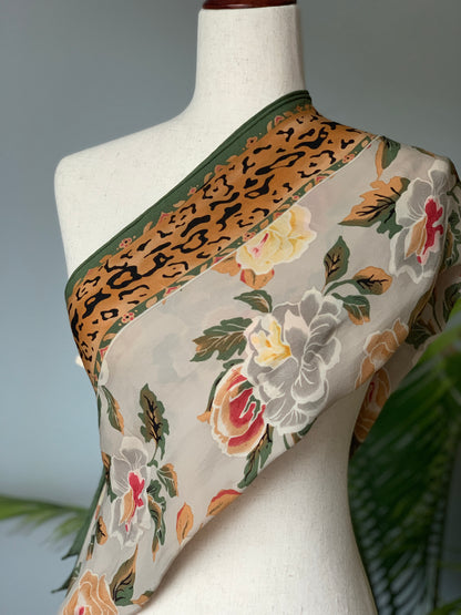 Silk Scarf Green, Gray, Yellow Floral, Animal Print