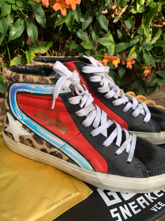 Golden Goose Snow Leopard, Red and White Star Sneakers Sz 38