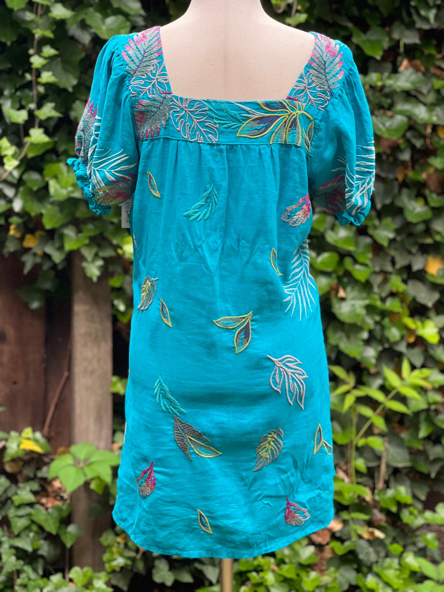 Johnny Was Turquoise Palm Leaves Embroidered Dress Size S