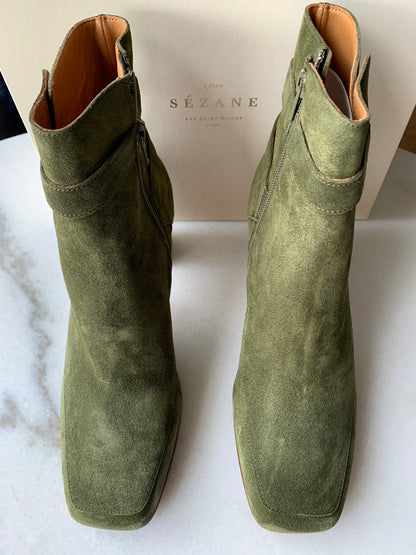 Sezane Booties Green Suede, Sz 9 (40)