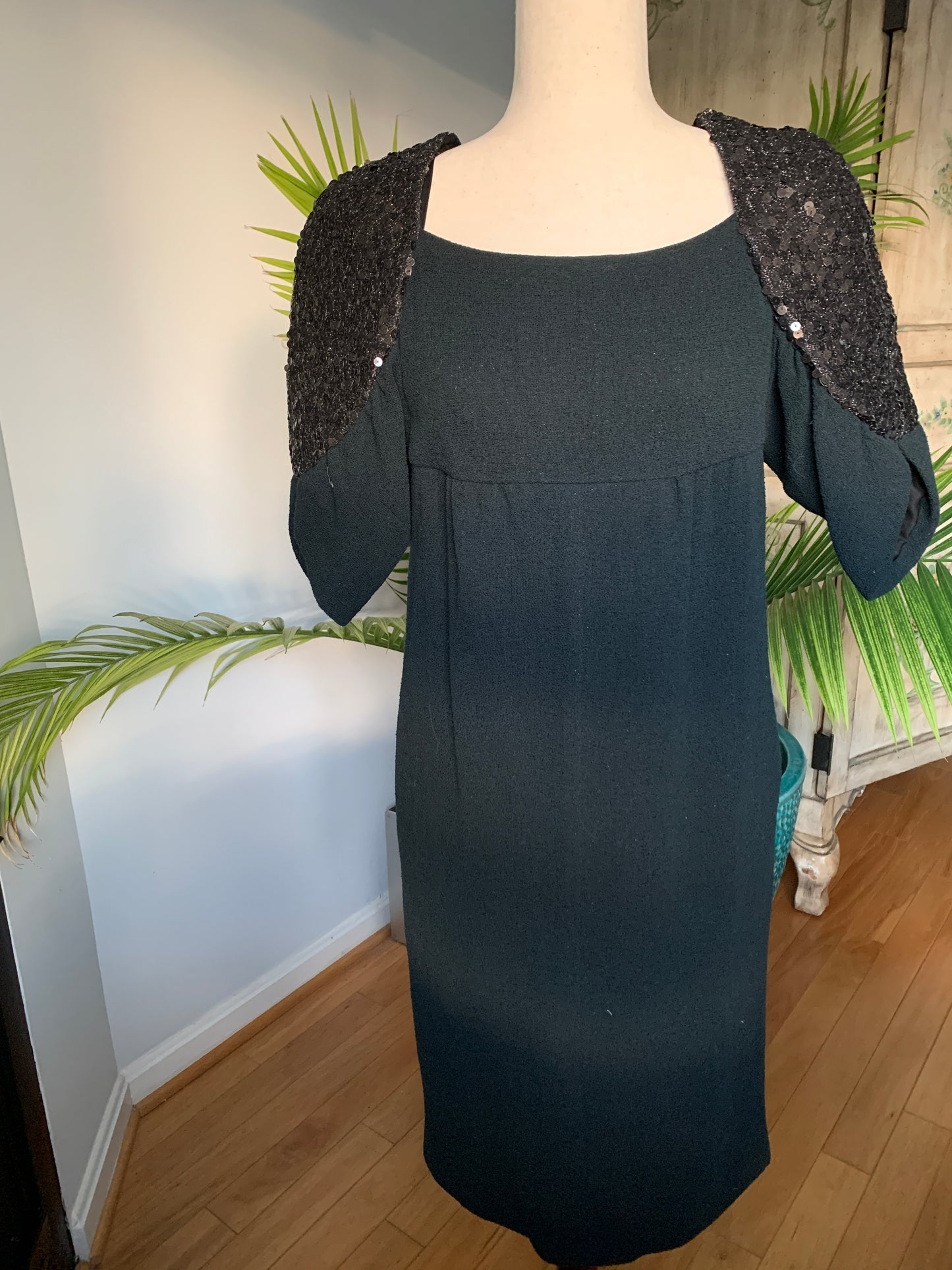 Chanel Black Wool Dress, Sequined sleeves, Size 40
