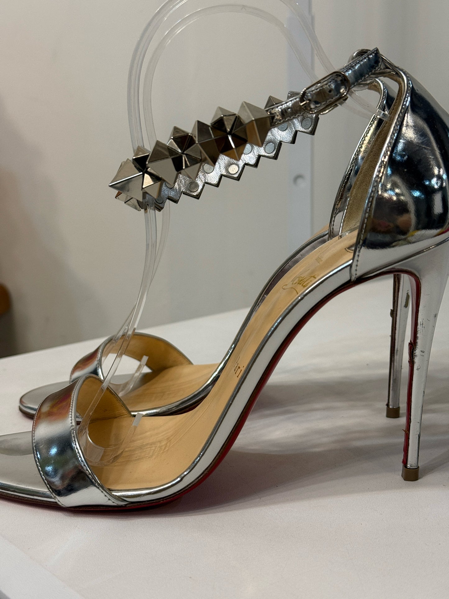 Christian Louboutin Silver Spike Open-Toe Ankle Strap | Pre-owned