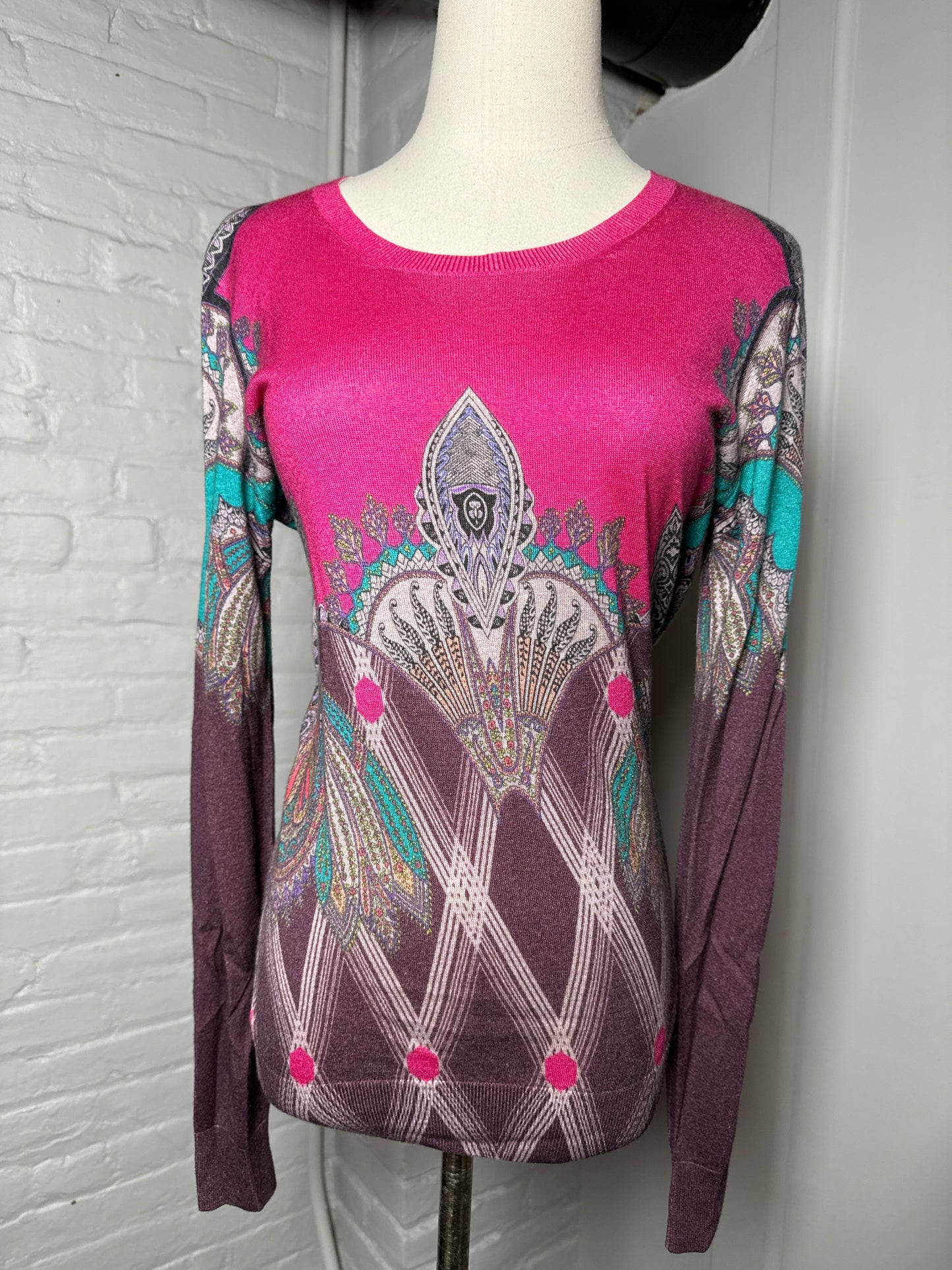 Women Size 44 Etro Pink Multi-Print 55% Silk 45% Cashmere Sweater