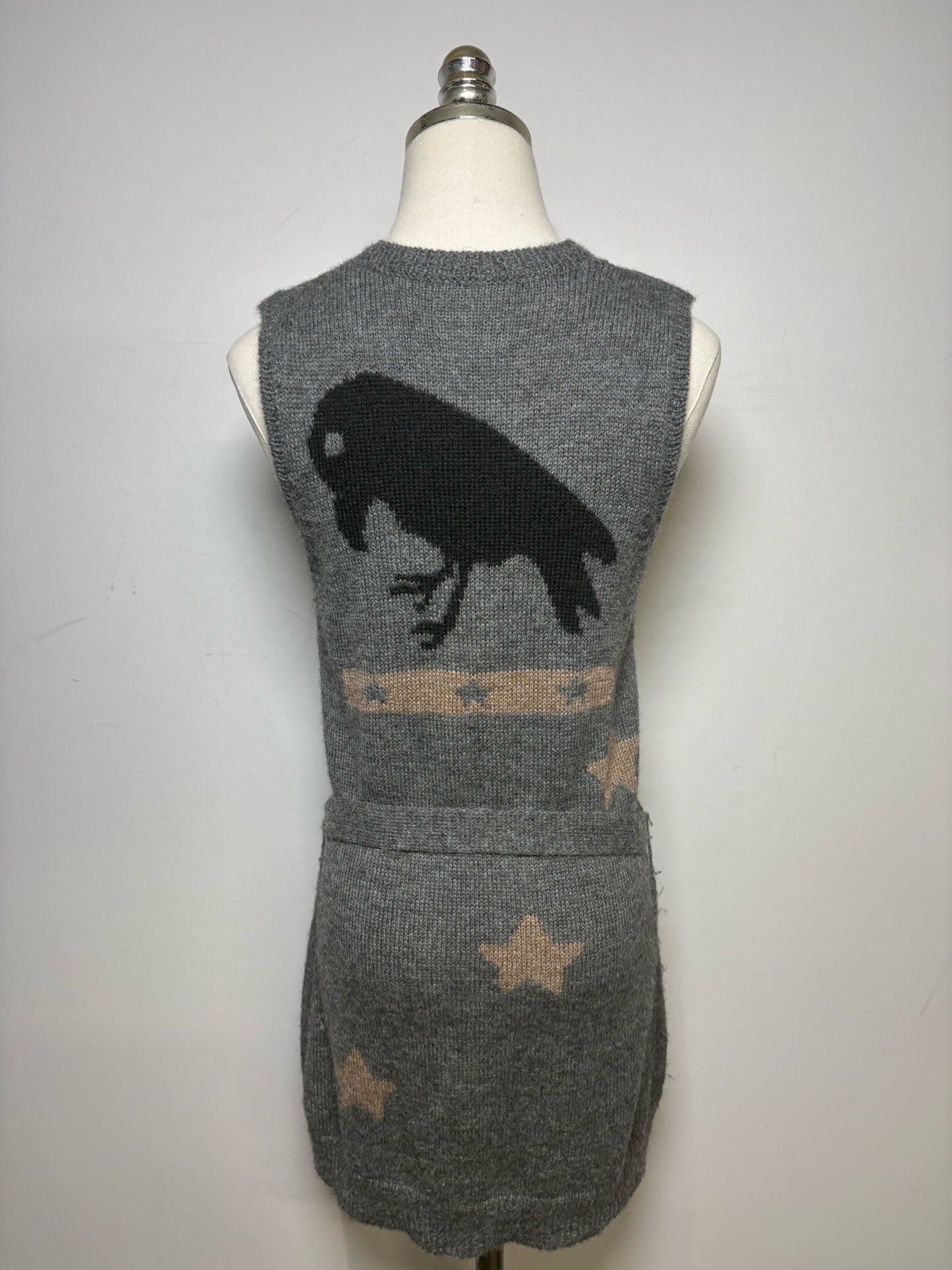 Women Size M Rhys Dwfen Gray Bird Baby Alpaca Vintage Pre-Owned Long Cardigan Sweater