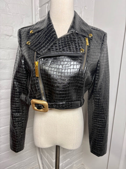 Women Size M Alice + Olivia Black Croc Embossed Faux Leather Moto Jacket