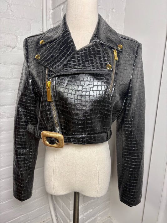 Women Size M Alice + Olivia Black Croc Embossed Faux Leather Moto Jacket