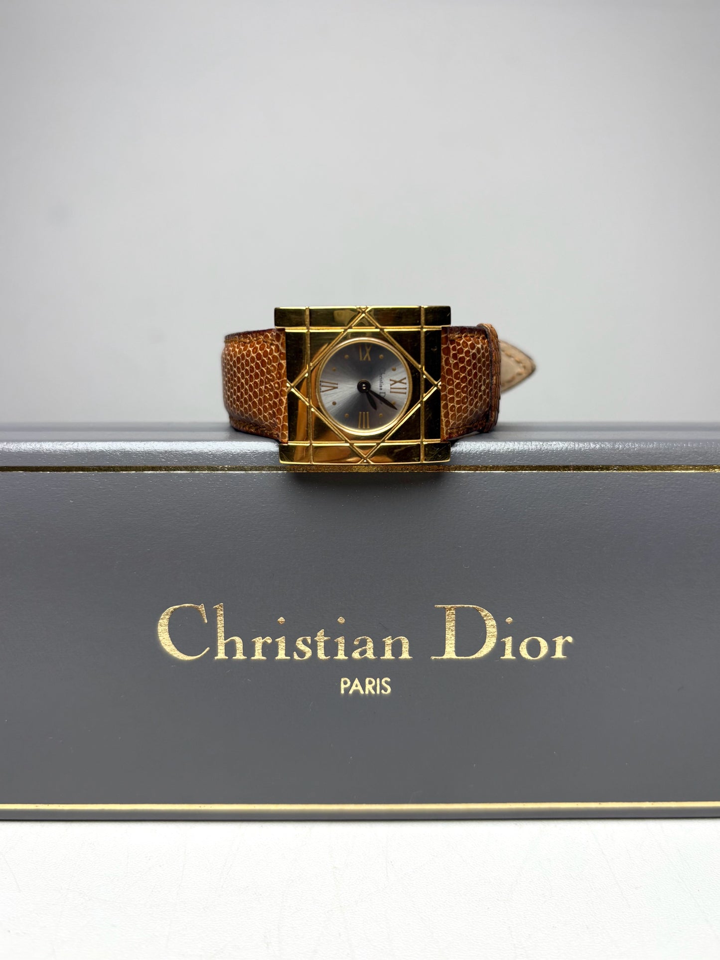 Women's Christian Dior Cannage 24mm Gold-Plated Lizard Leather Vintage Pre-Owned Quartz Watch