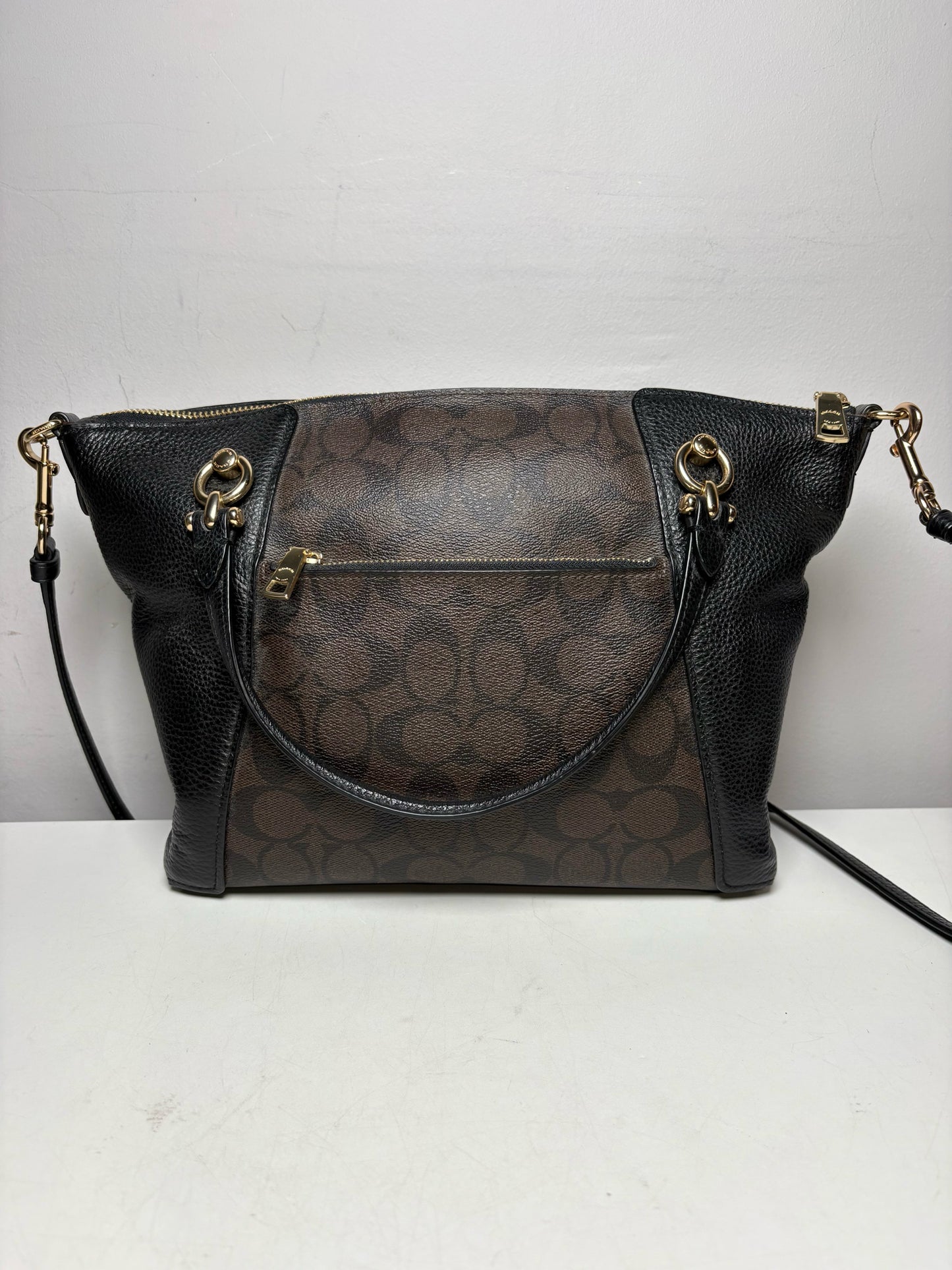 Women's Coach Kacey Brown & Black Signature Monogram Pebble Leather Pre-Owned Satchel Bag