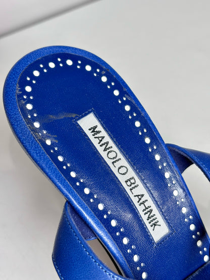 W Shoe Size 38 (8 US) Manolo Blahnik Talitha Blue Leather, Canvas Women's Heels