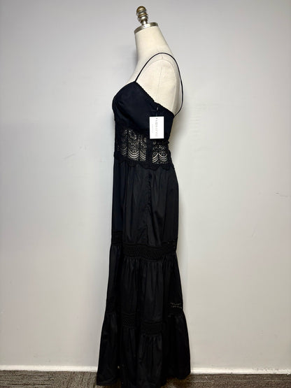 Women Size L Loretta Caponi Firenze Black Pure Cotton with Lace Pre-Owned Midi Dress