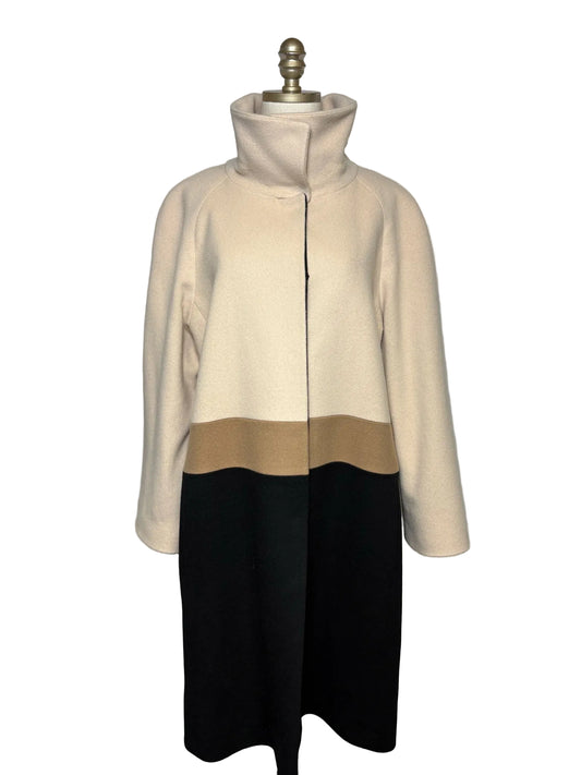 Women's Size 16 Fleurette Cream Brown Black Colorblock Loro Piana Wool Pre-Owned Coat