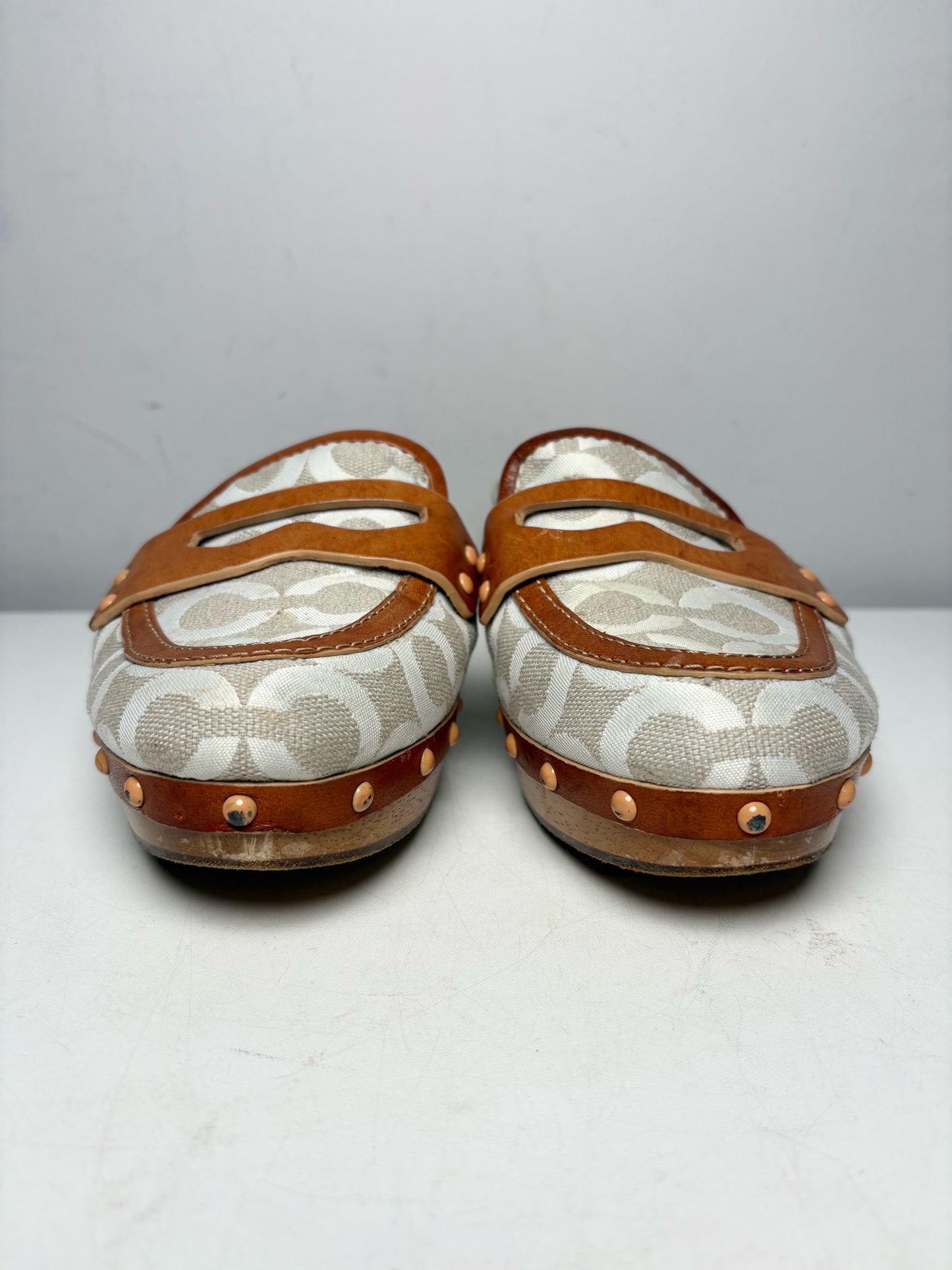 Women's Shoe Size 8.5 Coach Cream & Caramel Monogram Jacquard Wooden Heel Pre-Owned Slides
