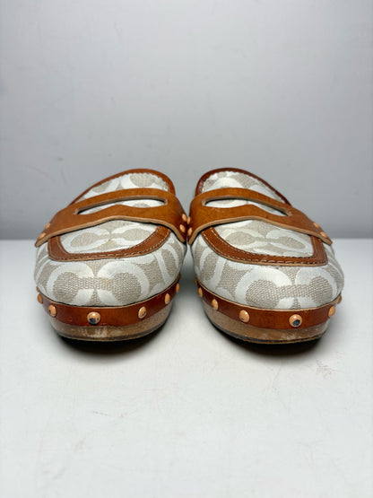 Women's Shoe Size 8.5 Coach Cream & Caramel Monogram Jacquard Wooden Heel Pre-Owned Slides