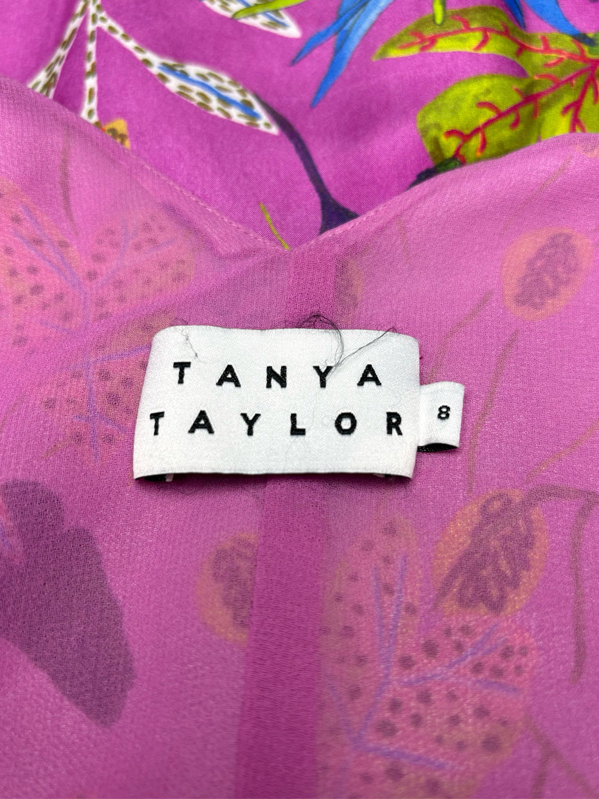 Women Size 8 Tanya Taylor Purple Multicolor Leaf Print Pure Silk Pre-Owned Wrap Midi Dress