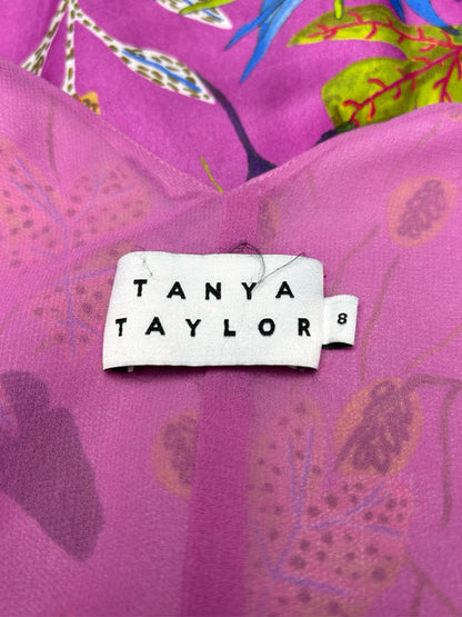 Women Size 8 Tanya Taylor Purple Multicolor Leaf Print Pure Silk Pre-Owned Wrap Midi Dress