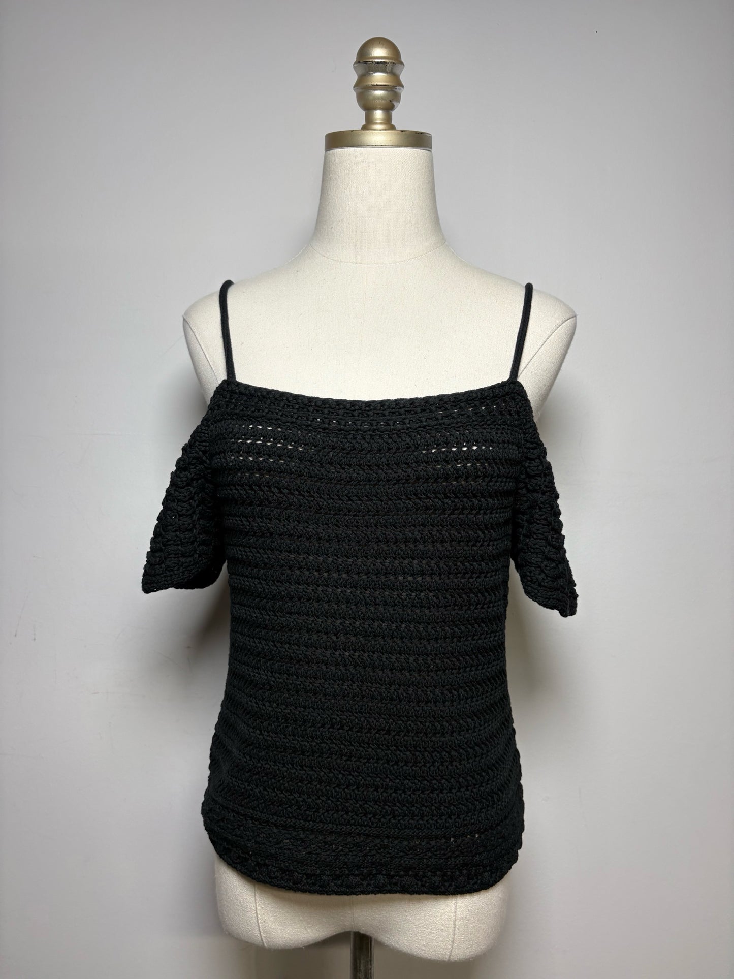 Women's Size XS Vince Black Crochet Pure Cotton NWT Pre-Owned Off-Shoulder Top