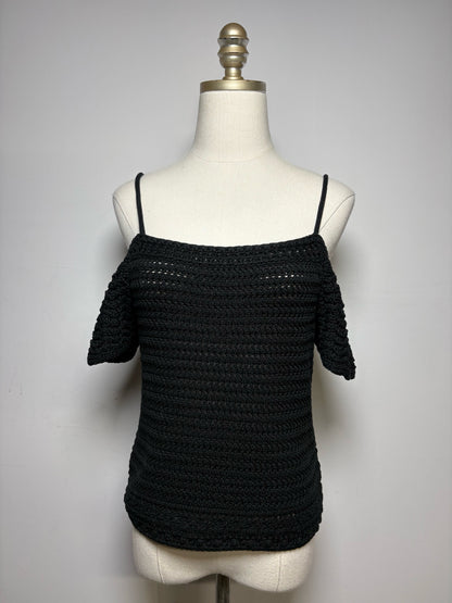 Women's Size XS Vince Black Crochet Pure Cotton NWT Pre-Owned Off-Shoulder Top