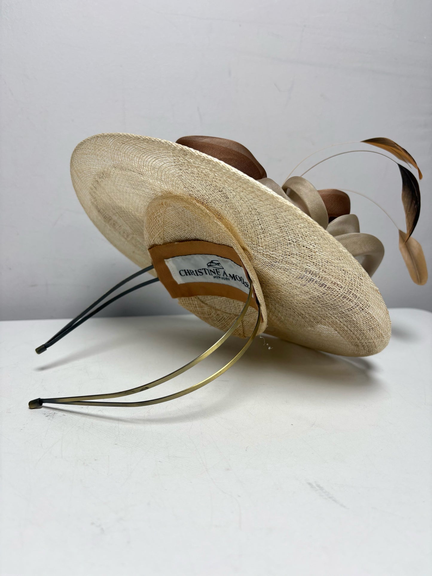 Christine A. Moore Tan Mesh & Rattan Pre-Owned Fascinator Headband Hat