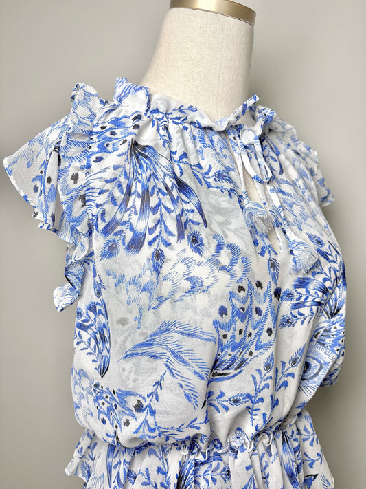Women Size M Misa Los Angeles Blue, White Print Polyester Dress