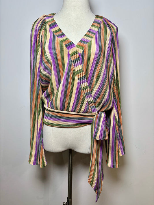 Women Size S Ramy Brook Multi-Color Wrap Waist Tie LS Blouse
