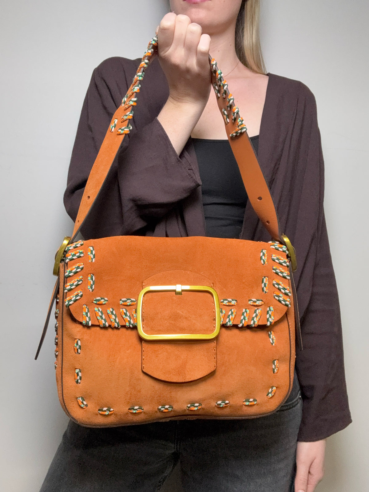 Women's Tory Burch Sawyer Stitch Orange Suede Leather Pre-Owned Shoulder Bag