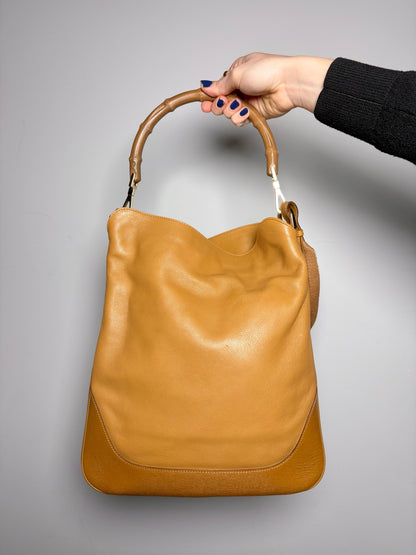 Gucci Leather Tan 2-Way Carry Bamboo Hobo Handbag