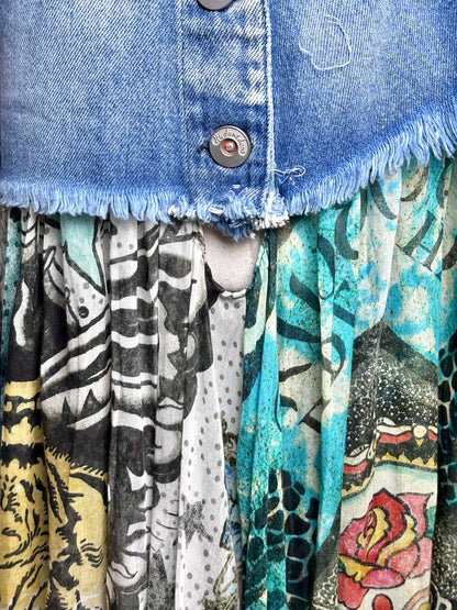 Women Size S (Estimate) Rude Riders Denim w/Multi-Print Solid w/Print Dress