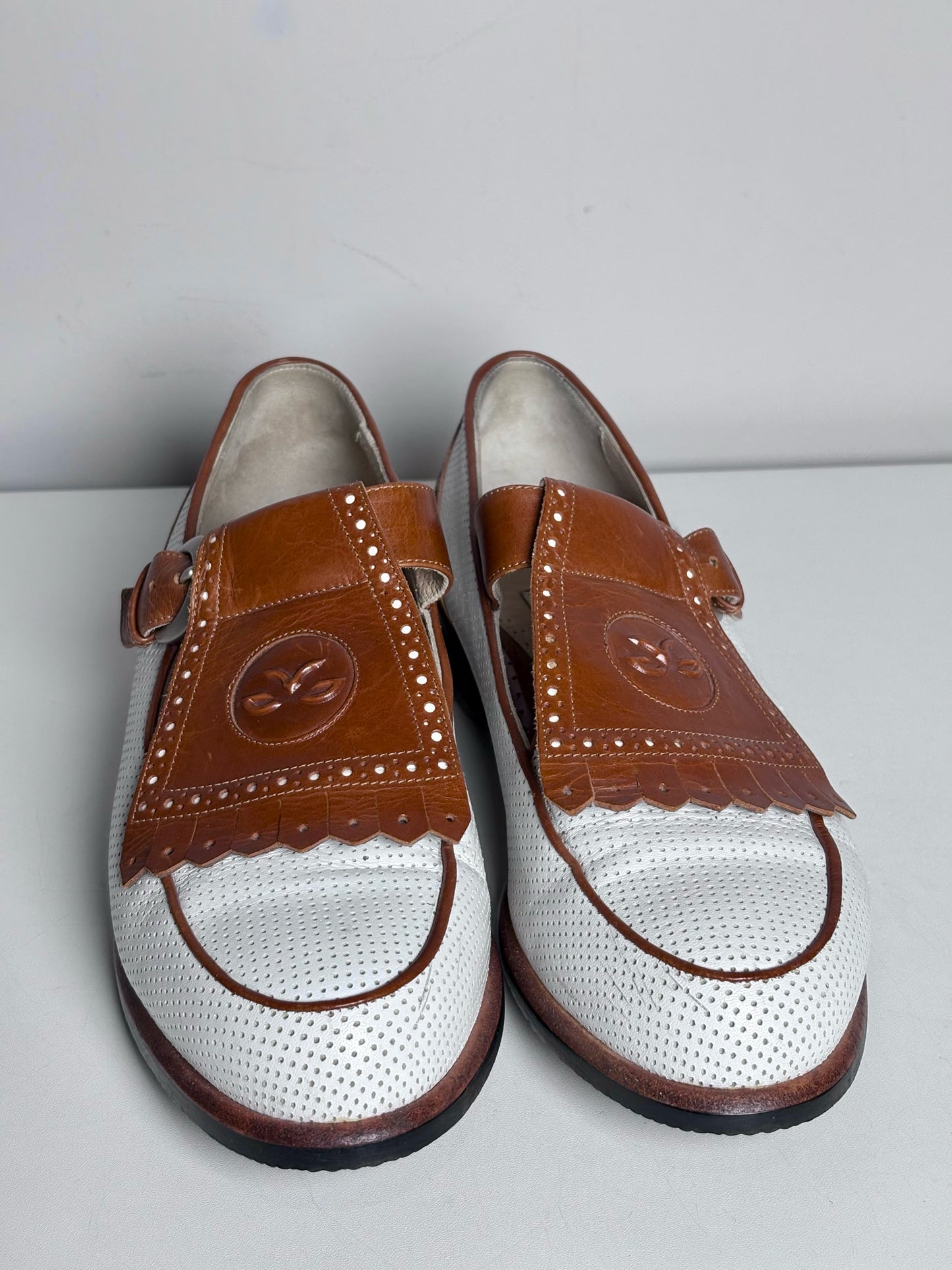W Shoe Size 8 Walter Genuin Kiltie White, Caramel Leather Vintage Golf Shoes