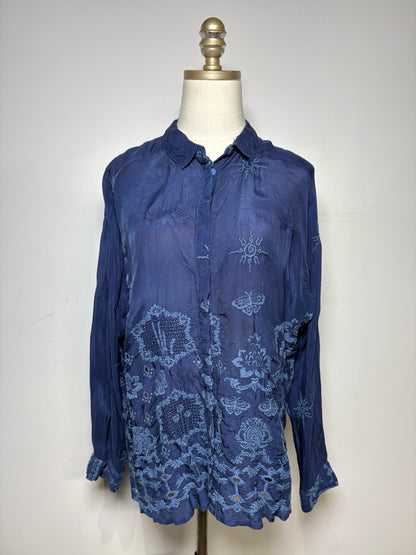 Women Size S Johnny Was Blue Floral Embroidered Cupra Rayon Pre-Owned Top