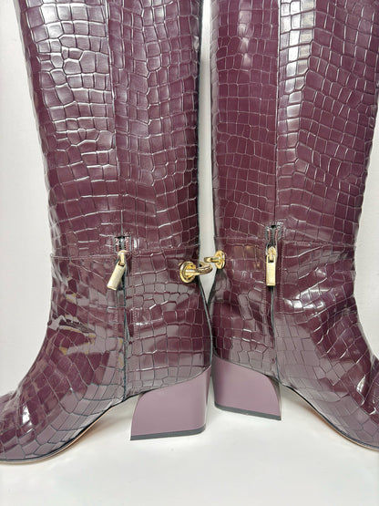 Tall Boots TIBI Croc Embosssed Burgundy Sz 10.5 Gold-tone Hardware
