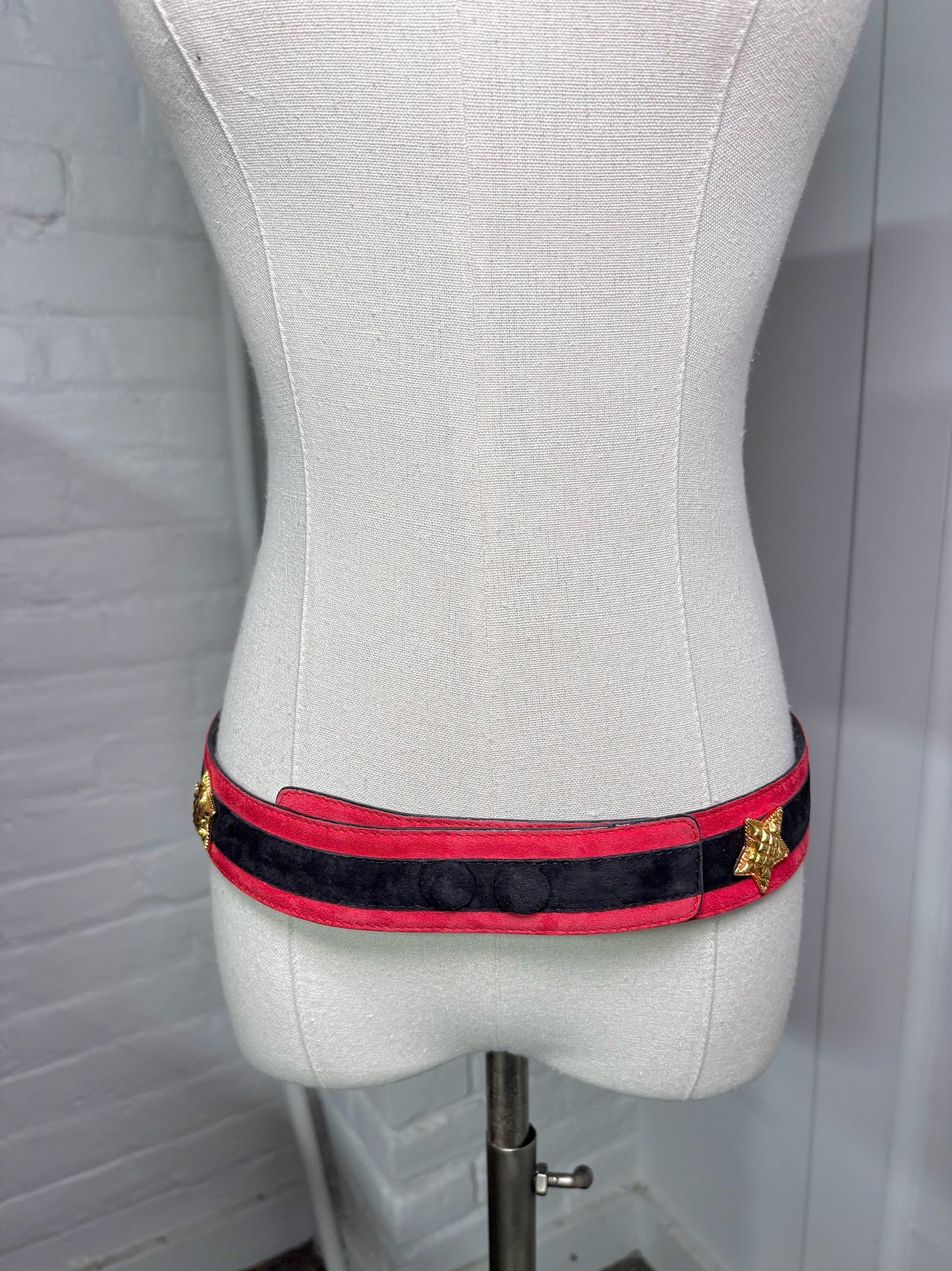Escada Suede 42 (M, US) Vintage Navy Blue, Red w/Stars Hearts Studs Belt