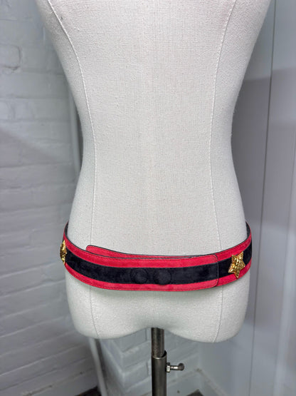 Escada Suede 42 (M, US) Vintage Navy Blue, Red w/Stars Hearts Studs Belt