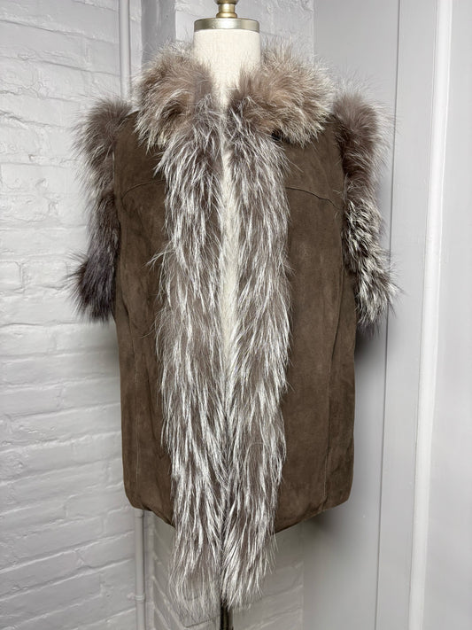 Women Size L Tyler Boe Brown Suede Solid, Fur Trim Vest