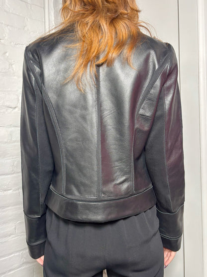 Women Size 4 etcetera Black Solid Leather Jacket