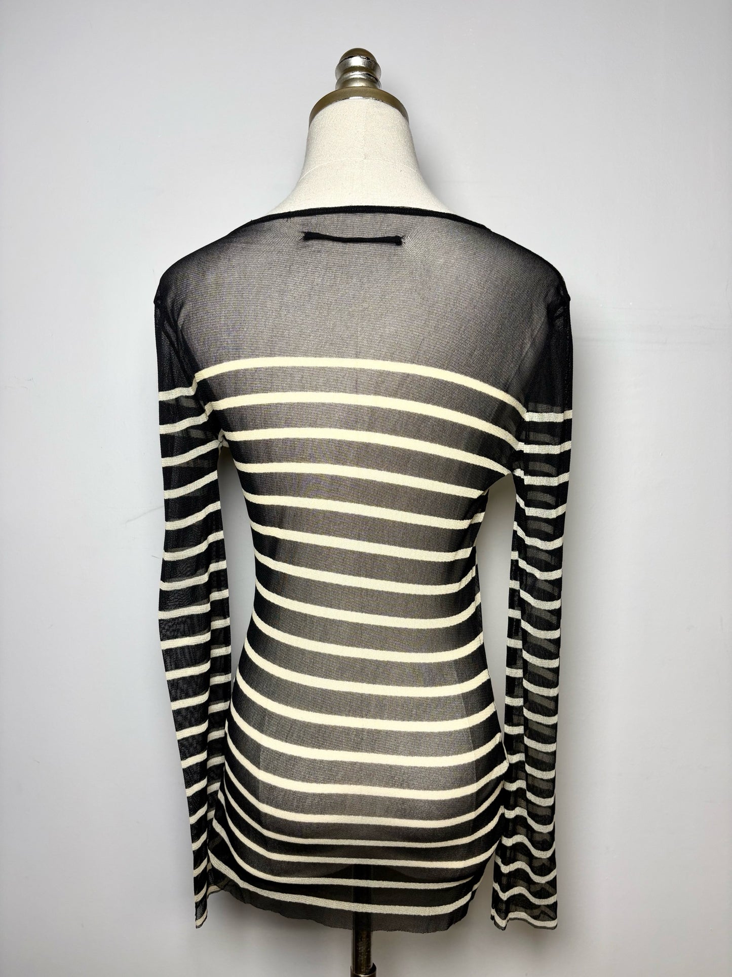 Women Size M Fuzzi Jean Paul Gaultier Black, Beige Striped Vintage 1990s Mesh Top