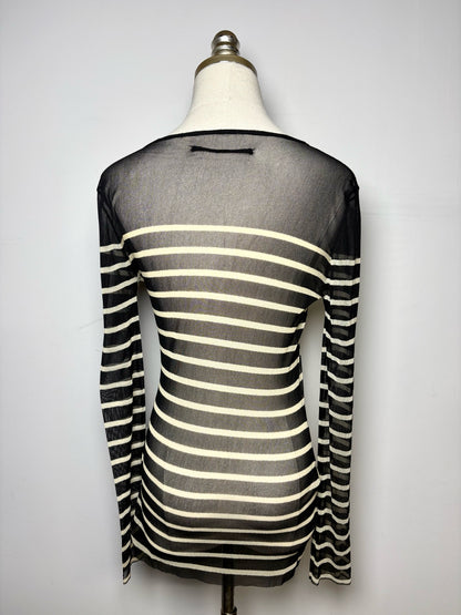 Women Size M Fuzzi Jean Paul Gaultier Black, Beige Striped Vintage 1990s Mesh Top