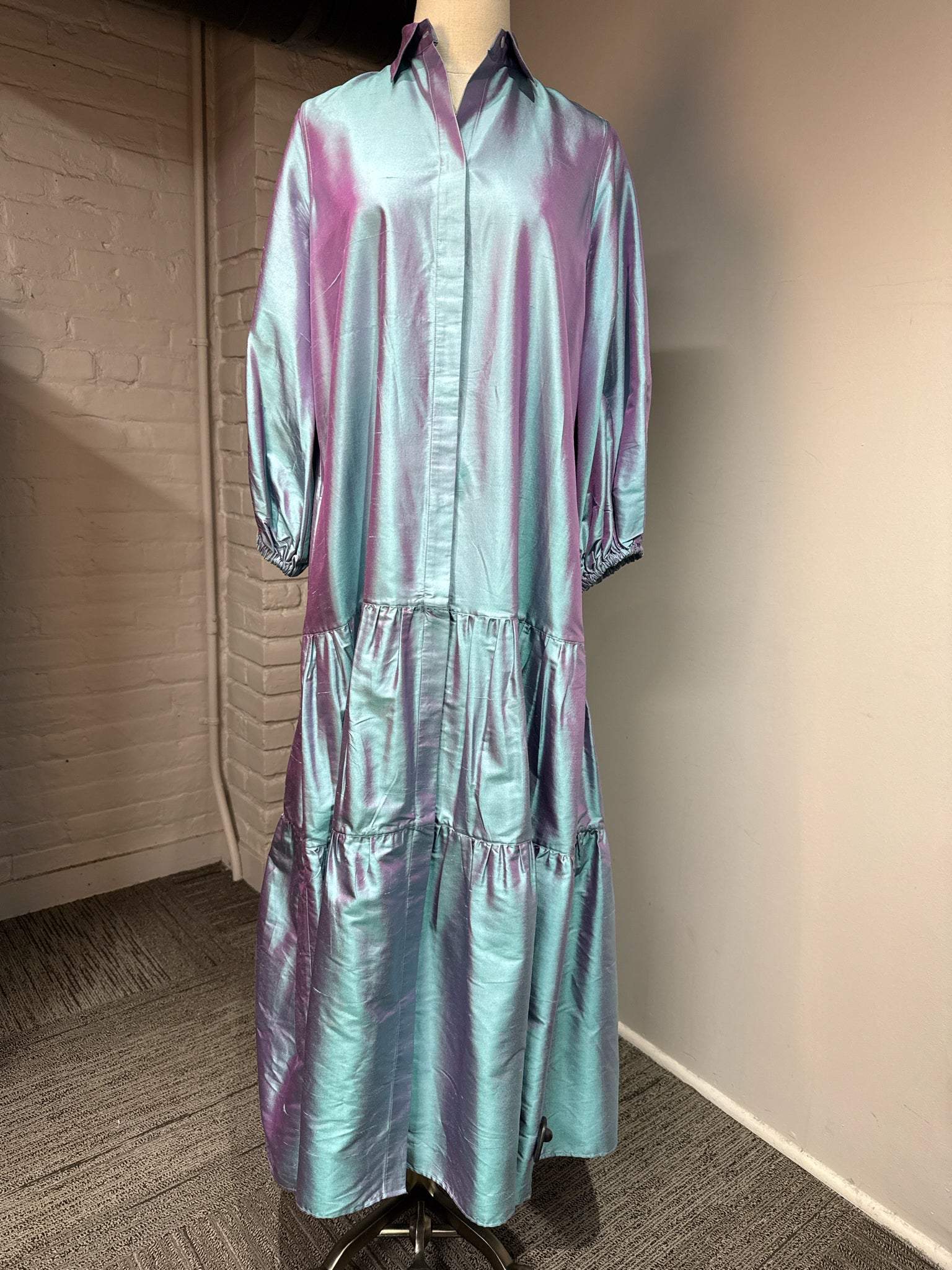 Women Size S Ann Mashburn Blue Iridescent Silk Shantung Drop Waist Dre   VIDA STYLE SHOP