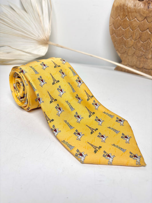 Vintage Hermes Yellow Silk Flying Horse, Eiffel Tower Men's Tie