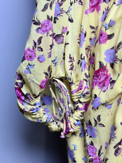 Women Size L For Love & Lemons Yellow Floral Print 92% Silk  Dress
