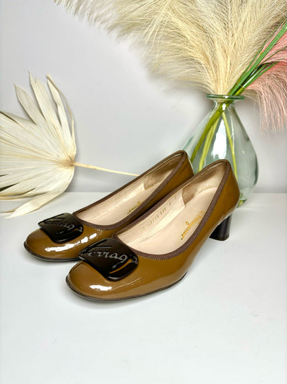 W Shoe Size 8 Salvatore Ferragamo Brown Leather Patent Women's Heels
